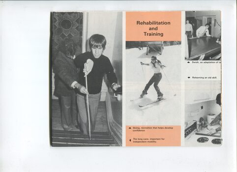 Images of a young man guided using his cane up the stairs, a women skiing, people playing swish and cooking