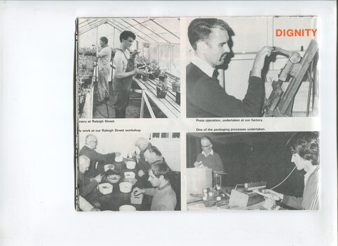Images of people in the nursery at Raleigh St, operating a press, an assembly line and packaging bottles