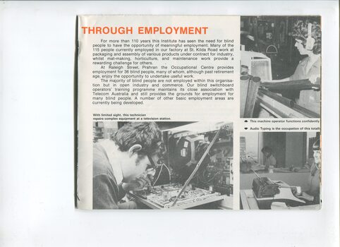Overview of employment services and images of people operating pipe cutter, repairing electrical equipment and typing in an office.