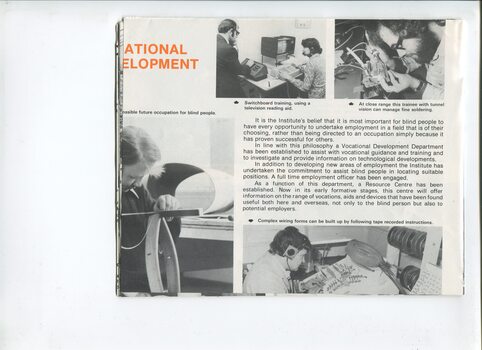 Overview of welfare services and images of people listening to talking books, adjusting tape duplicators and crafting in a group