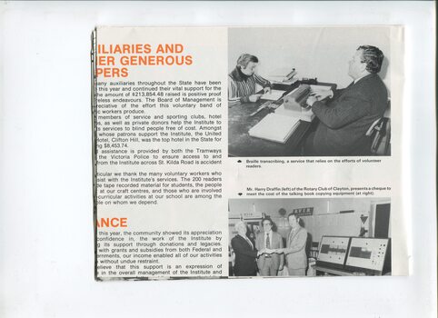 Auxiliaries and finance update with images of people transcribing Braille and Harry Draffin presenting a cheque to E. Peterson and another