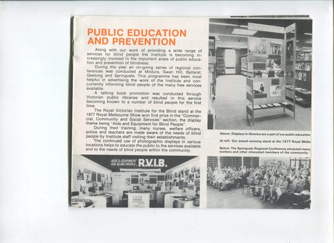 Update on public relations and images of displays in a library and Royal Melbourne show, and crowd at Springvale Regional Conference