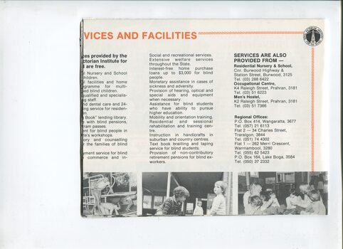 Overview of services and facilities with images of children in the pool and at Burwood School