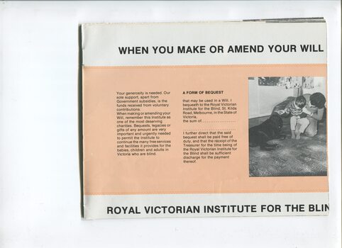 Form of bequest with image of child being assisted to touch a labrador