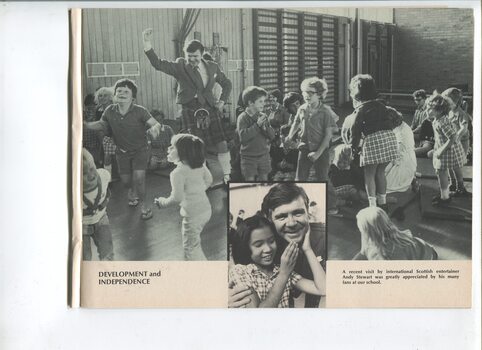 Pictures of children dancing with Andy Stewart and a student feeling his face