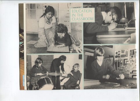 Images of students threading, playing instruments, writing and using a planer in wood shop