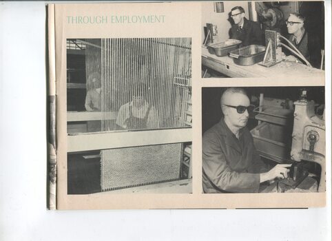 Images of workers on looms, using a machine and an assembly line