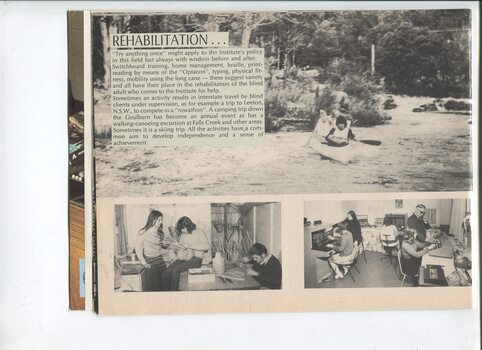 Overview of rehabilitation services and images of people canoeing, weaving and undergoing switchboard training