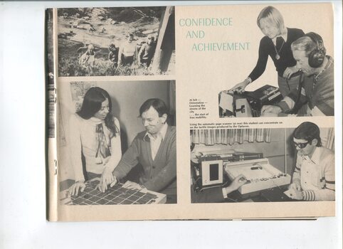 Images of people bushwalking, reading a tactile map, typing and using an Optacon