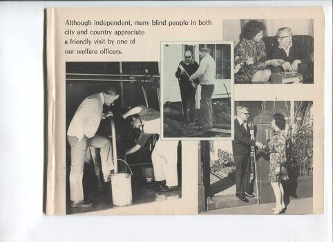 Images of people in a dairy shed, showing how to use a Talking Book Machine and talking spirit level, and a client and welfare officer shaking hands