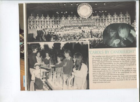 Images from Carols by Candlelight of candle selling table and the stage
