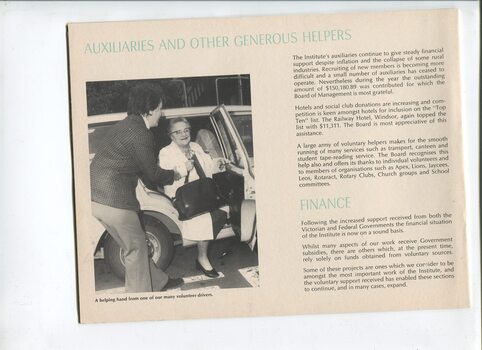 Auxiliaries and finance overview and image of women being assisted out of a car