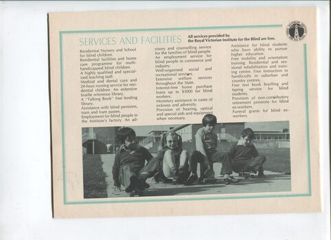 Overview of services and facilities and image of four children riding skateboards down a path
