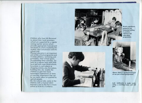 Overview of children's services and images of students using a counting frame, playing with a musical toy and threading cords
