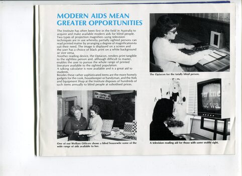 Overview of equipment services and images of people using an Opticon, CCTV and being shown a assistive device
