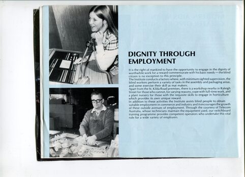 Overview of employment services and images of a woman on a switchboard and a man on an assembly line making toy ships