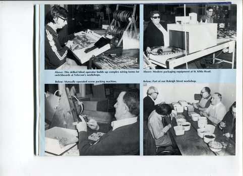 Images of people building wiring for switchboard at Telecom, operating a screw packing and plastic packaging machine, and assembly line at Raleigh Street