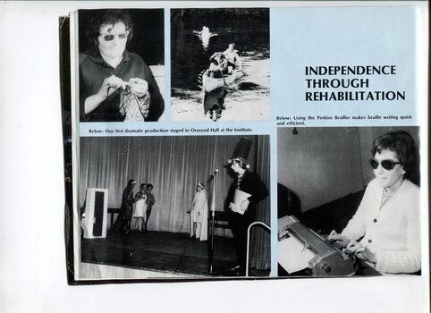 Images of people knitting, canoeing, performing a play on stage and using a Perkins Brailler