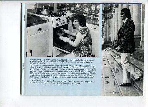 Overview of rehabilitation services and images of woman taking a casserole out of the oven and a man using a cane down steps of Parliament