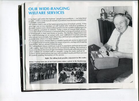 Overview of welfare services and images of a man with a Talking Book machine and a group enjoying the Dandenongs