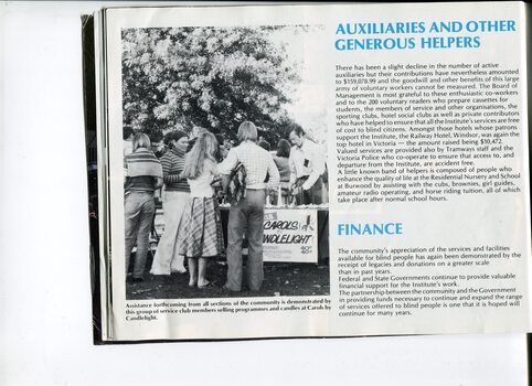 Auxiliaries and finance overview with image of candle selling stall at Carols