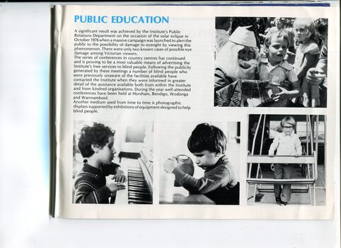 Overview of public education and images of children with Santa, at a piano, at a table and swinging on a swing seat
