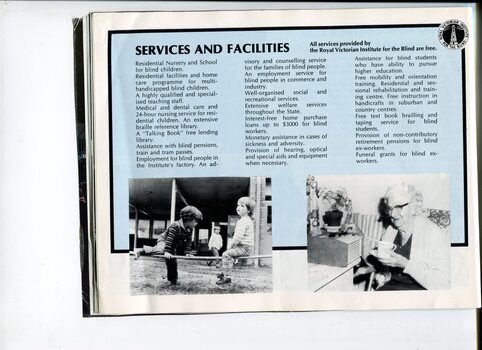 Listing of services and facilities and images of children on a board at Burwood and older lady listening to a Talking Book Machine