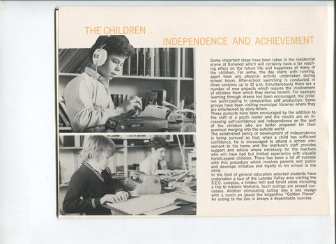 Discussion of children's programs and picutre of children with typewriters and a Perkins