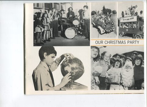 Photos of children playing in a band, on rides, a boy with a tactile globe and kids with Santa 
