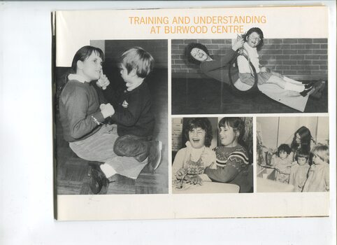 Four photos of children playing, on a swing and painting