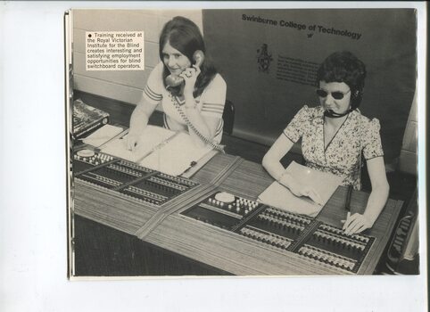 Irene Sumbera and another woman on a switchboard at the Swinburn College of Technology
