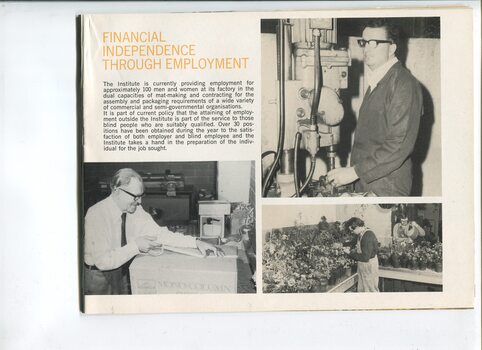 Update on employment and photos of men in a nursery, machine shop and packaging