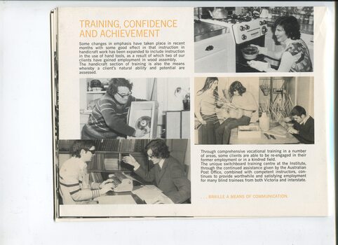 Training update and photos of people weaving, cooking, with an audio reel and studying