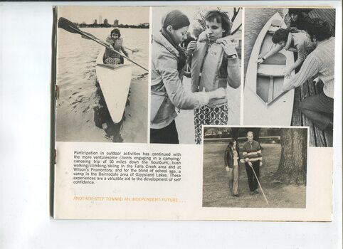 Three photos of a woman preparing, boarding and paddling a canoe and one photo of a man using a white cane under guidance