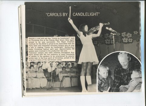 Update on Carols by Candlelight, one photo of a man holding a sleeping boy with another by his side and a performer holds her bow aloft on stage