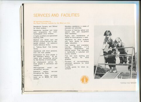 Services and Facilities listing and photo of three children climbing an A frame