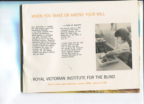Form of Bequest and photo of young child touching the wooden objects in a Kugelbox puzzle