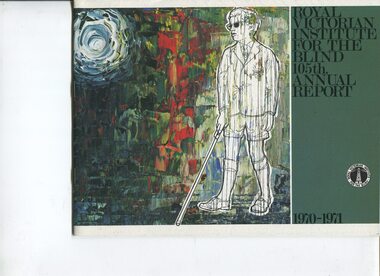 Drawing of schoolboy with cane and dark glasses in black and white on colourful background