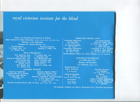 List of Main Office Bearers, including consulting medical staff and Patrons