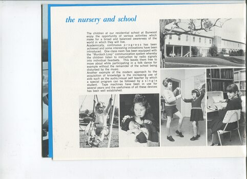 Nursery and school update with pictures of children playing and learning, and front view of Burwood accomodation