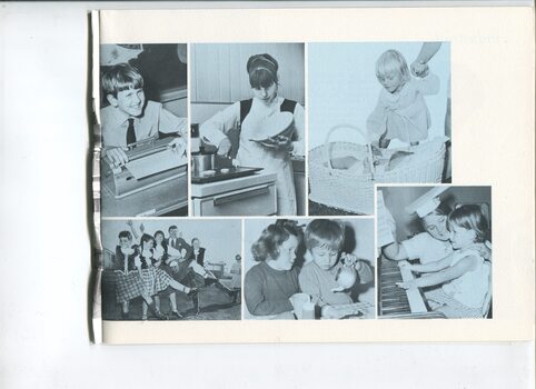 Pictures of children using a Perkins, cooking, dancing, playing a piano, playing and with a baby