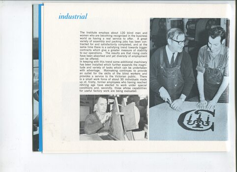 Industrial department update with pictures of men working on a floor mat and a spinning device