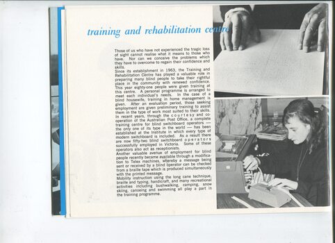 Training and rehabiliation centre update with pictures of hands reading Braille and a woman using a dictaphone and  an elecronic typewriter