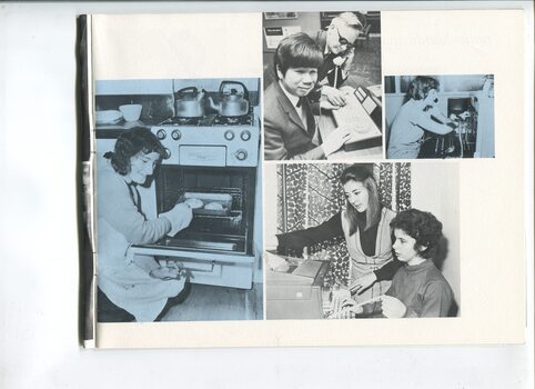 Pictures of people cooking, using a switchboard and transcribing dictation from a paper tape using an electronic typewriter