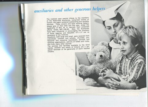 Acknowledgement of auxiliaries and picture of boy in PJs and a teddy bear held by a nurse