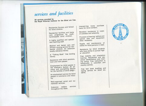 Listing of services and facilities provided by the Institute