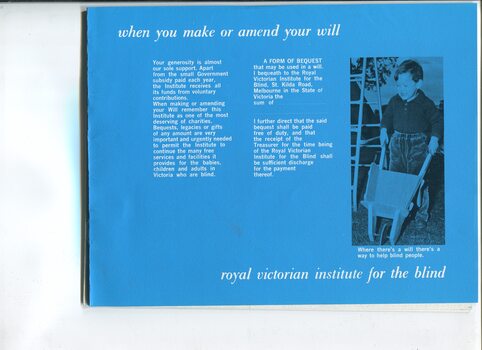 Form of bequest and picture of small boy pushing a wheelbarrow