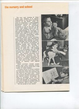 Report on nursery and school with pictures of children touching a teddy bear, feeding a lamb and reading a large print book