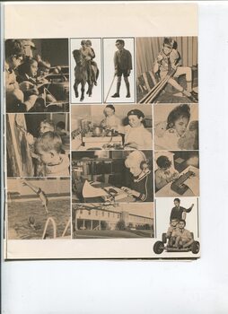 Pictures of children typing, swimming, painting, cooking, sleeping, making music, riding a pony, using a cane, in Scout uniform, in a go kart and front of Burwood building