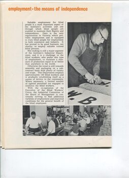 Report on employment and pictures of a man working on a door mat and workers in the workshop